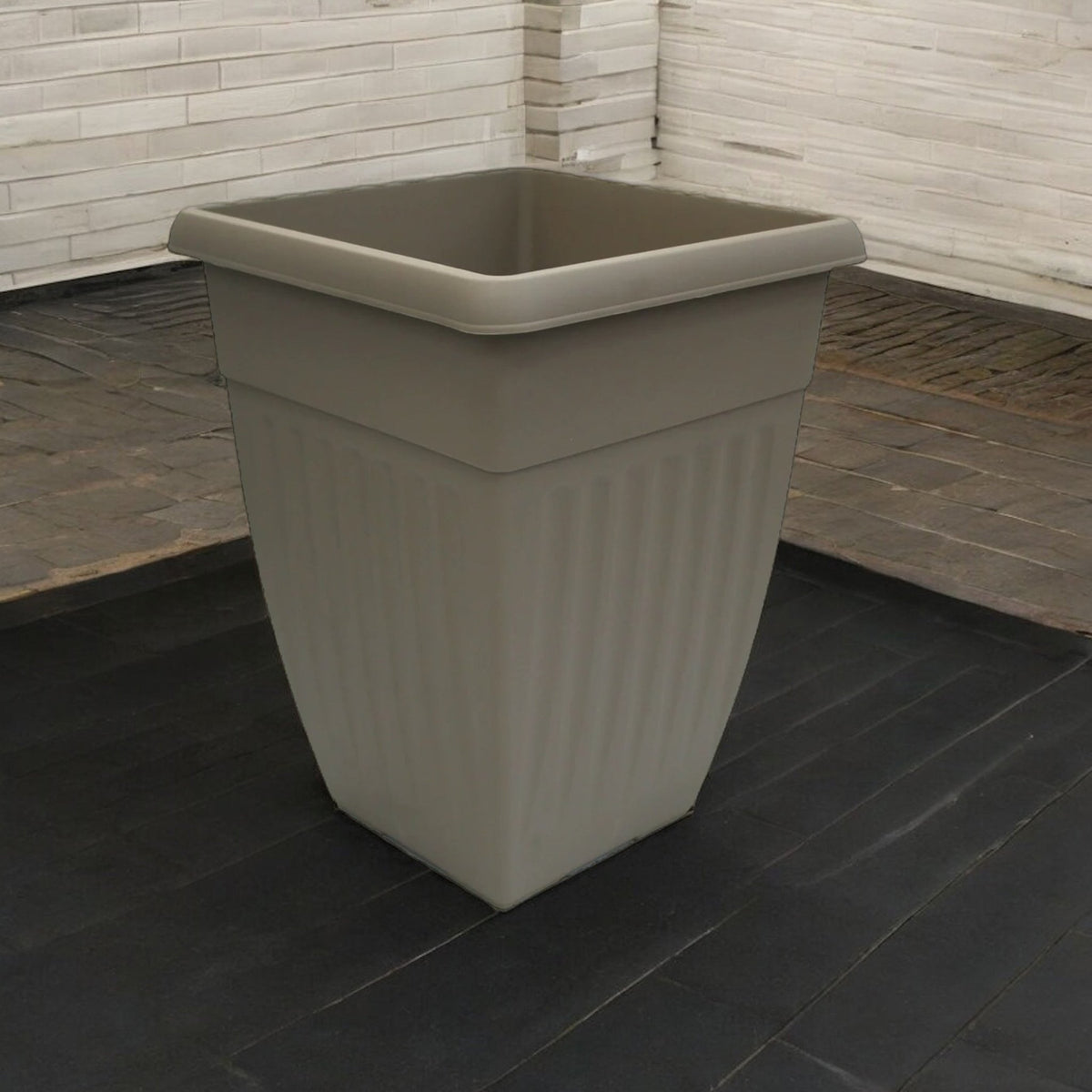 42cm Extra Tall Taupe Plastic Ribbed Square Plant Pot - Cherish Home