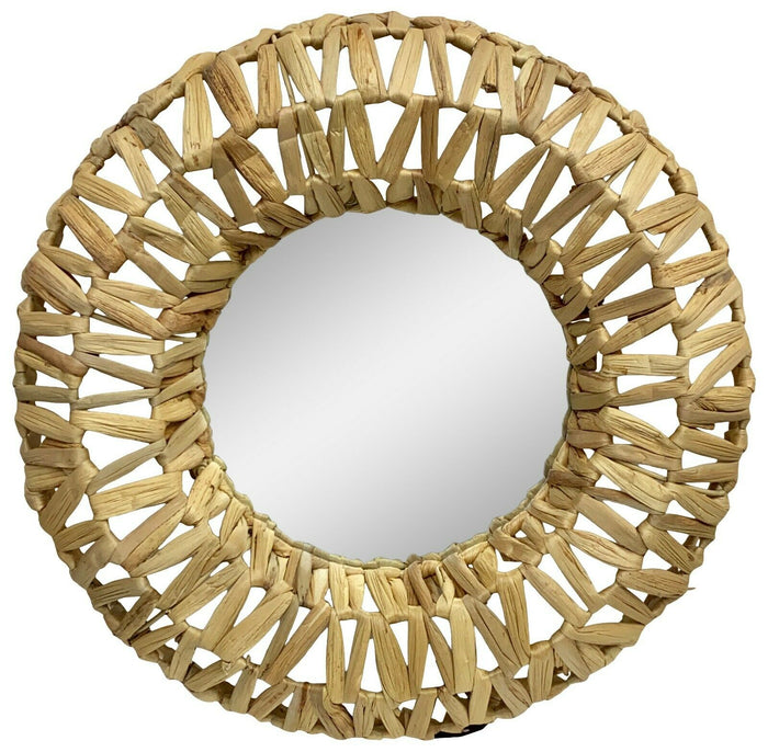 46cm Large Round Wall Hanging Mirror with Natural Wood Frame Woven Design - Cherish Home
