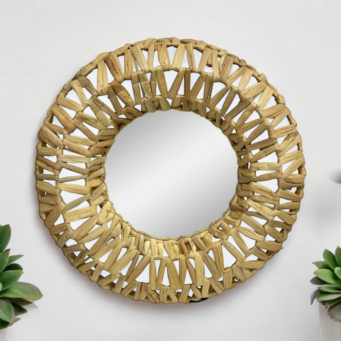 46cm Large Round Wall Hanging Mirror with Natural Wood Frame Woven Design - Cherish Home