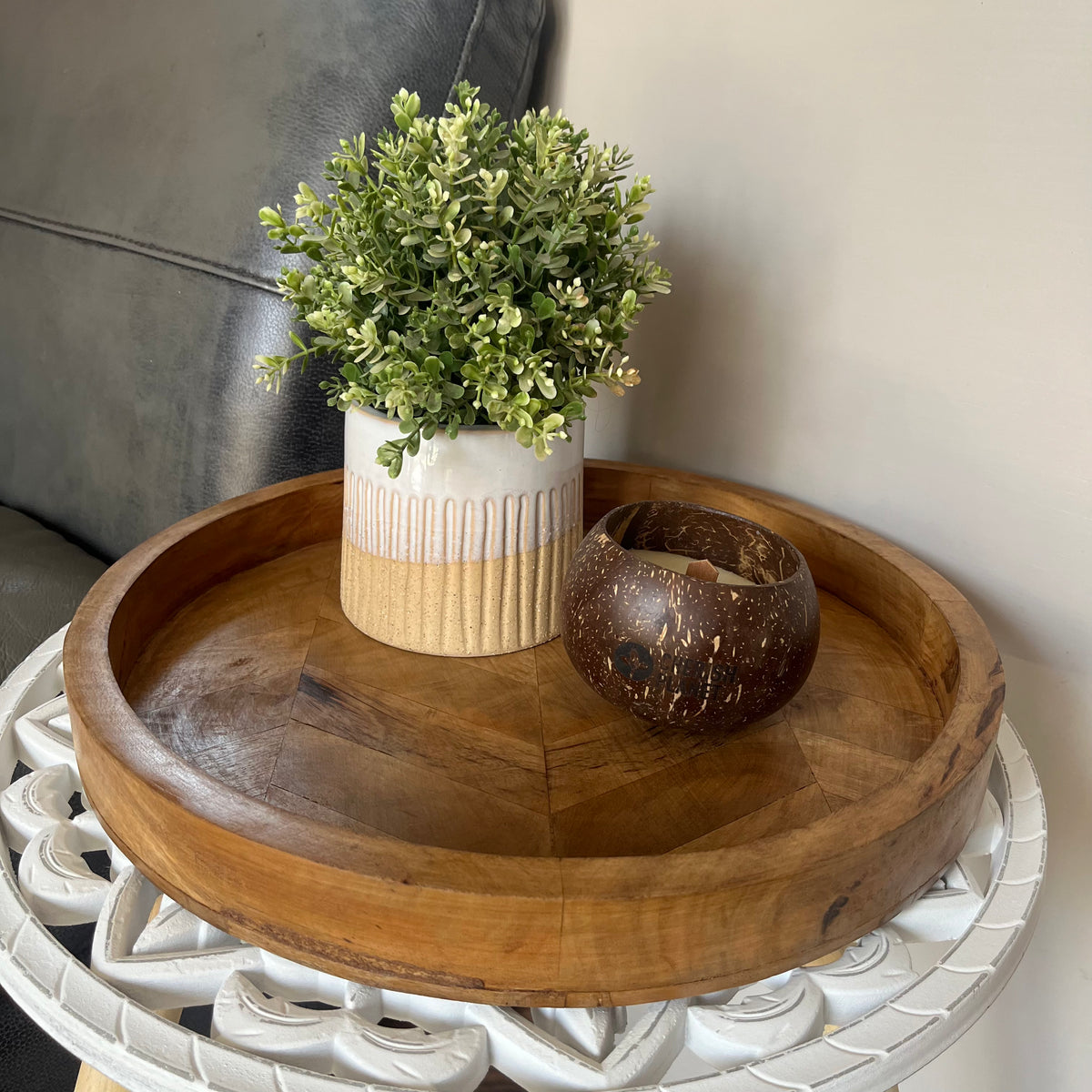 Round Herringbone Wooden Serving Trays - Mango Wood