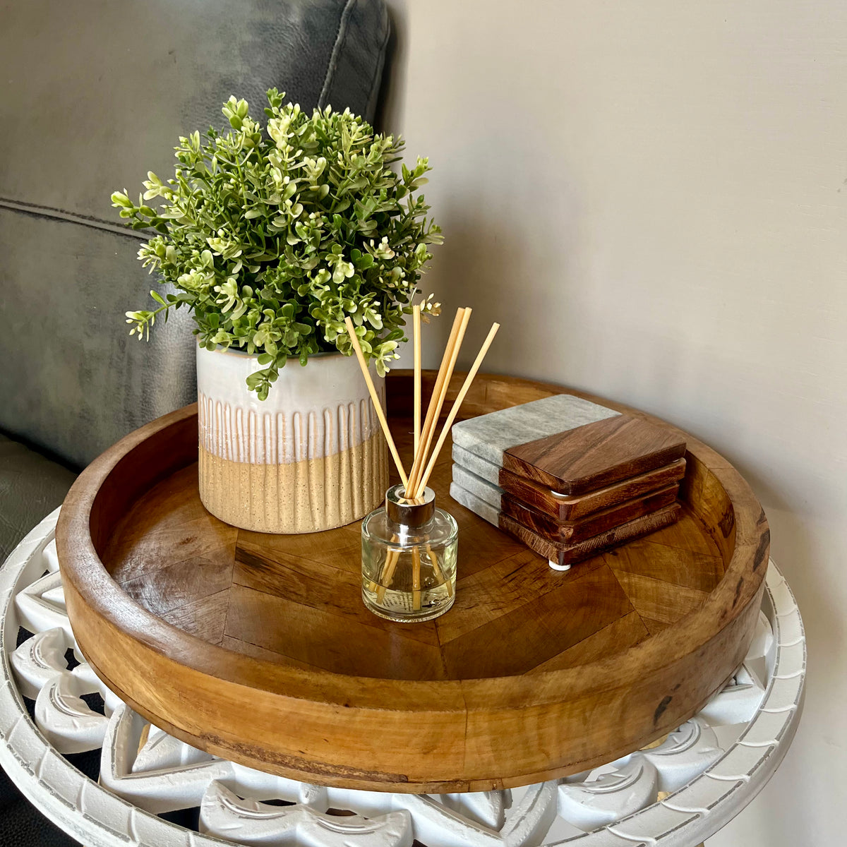 Round Herringbone Wooden Serving Trays - Mango Wood