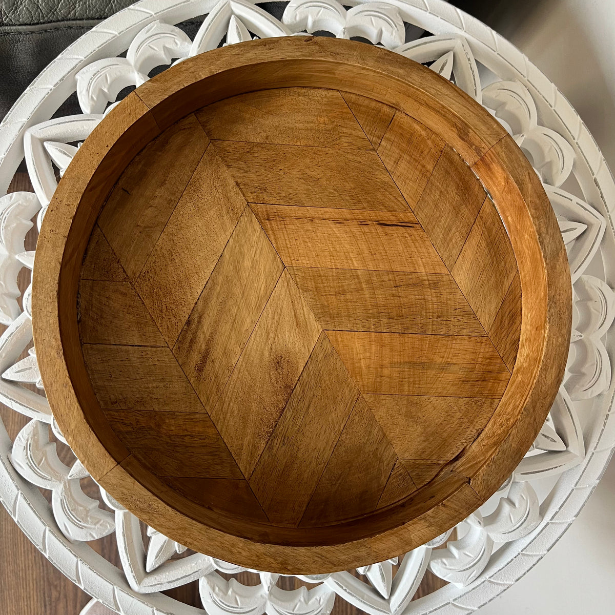 Round Herringbone Wooden Serving Trays - Mango Wood
