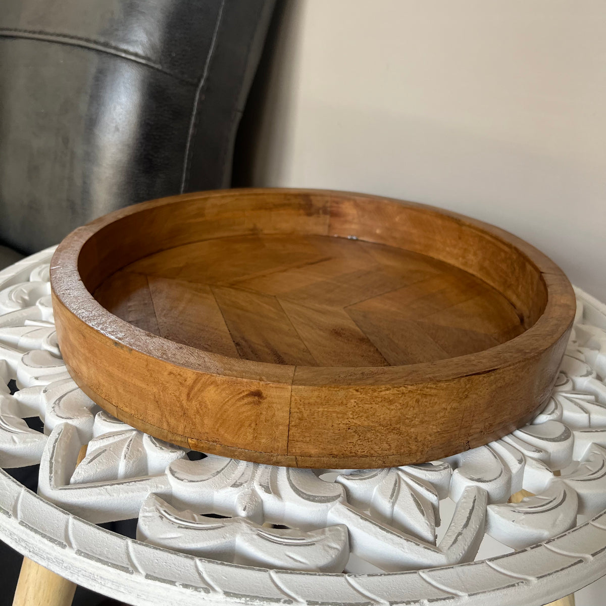 Round Herringbone Wooden Serving Trays - Mango Wood