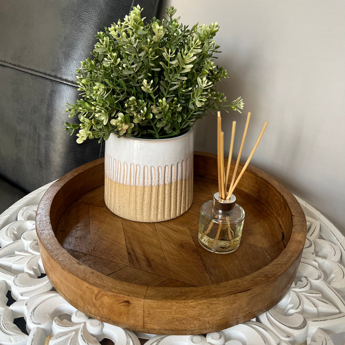 Round Herringbone Wooden Serving Trays - Mango Wood