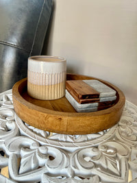 Round Herringbone Wooden Serving Trays - Mango Wood