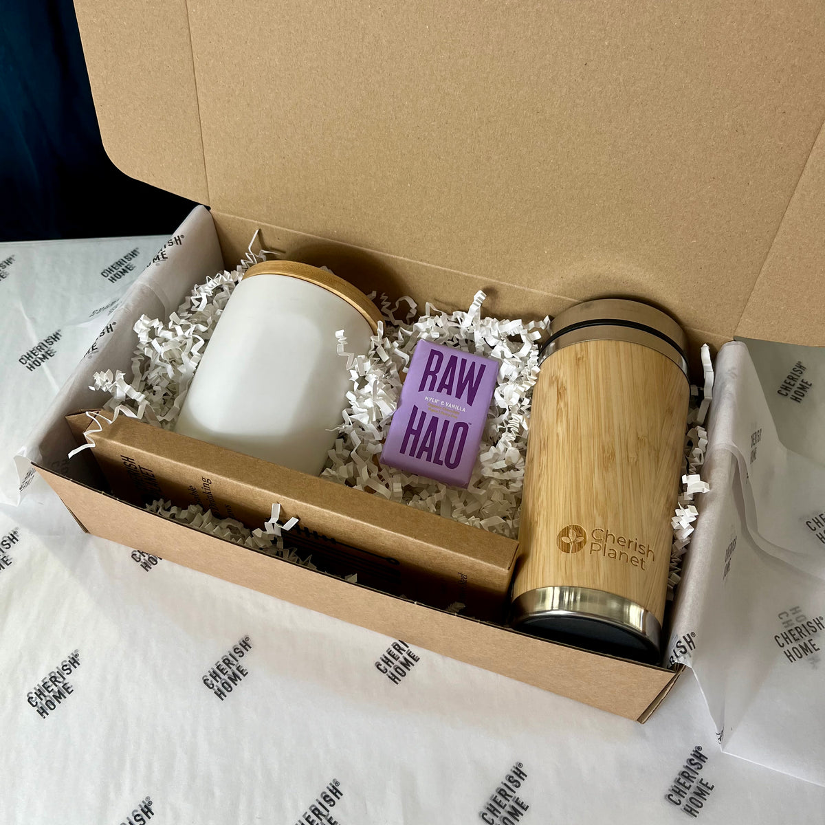 Eco Friendly Coffee Time Gift Set with sustainable Bamboo Mugs & delicious chocolate, Reusable Drinkware Hamper