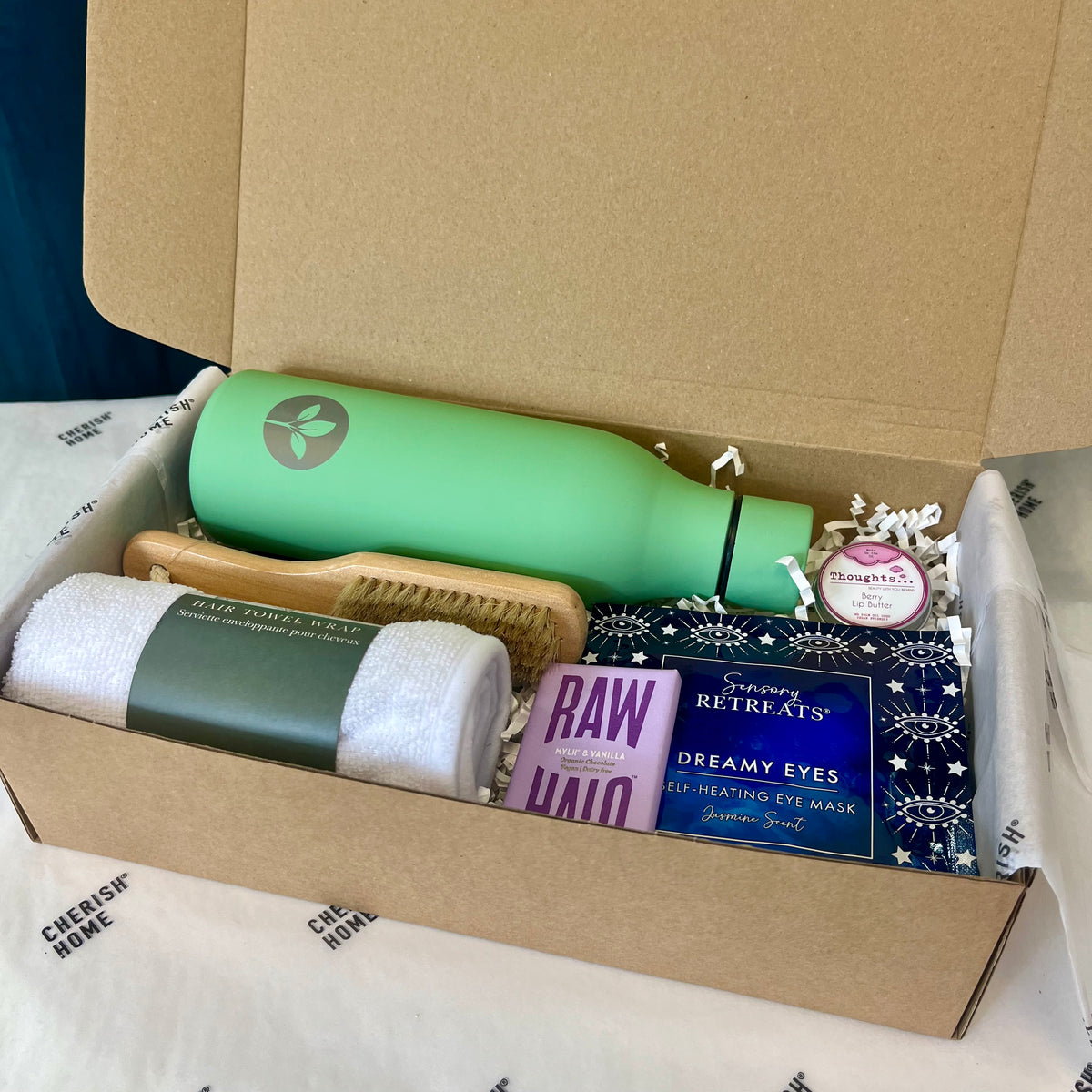 The Pamper & Hydrate Wellness Gift Set, self-care hamper for Her with Green Bottle, Hair Wrap & Lip Balm