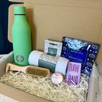 The Pamper & Hydrate Wellness Gift Set, self-care hamper for Her with Green Bottle, Hair Wrap & Lip Balm
