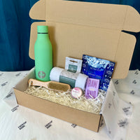 The Pamper & Hydrate Wellness Gift Set, self-care hamper for Her with Green Bottle, Hair Wrap & Lip Balm
