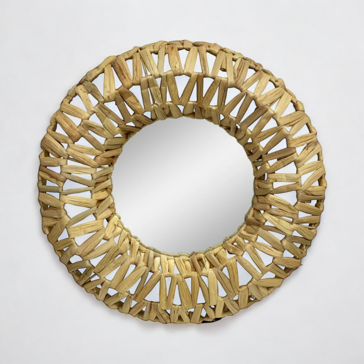 46cm Large Round Wall Hanging Mirror with Natural Wood Frame Woven Design