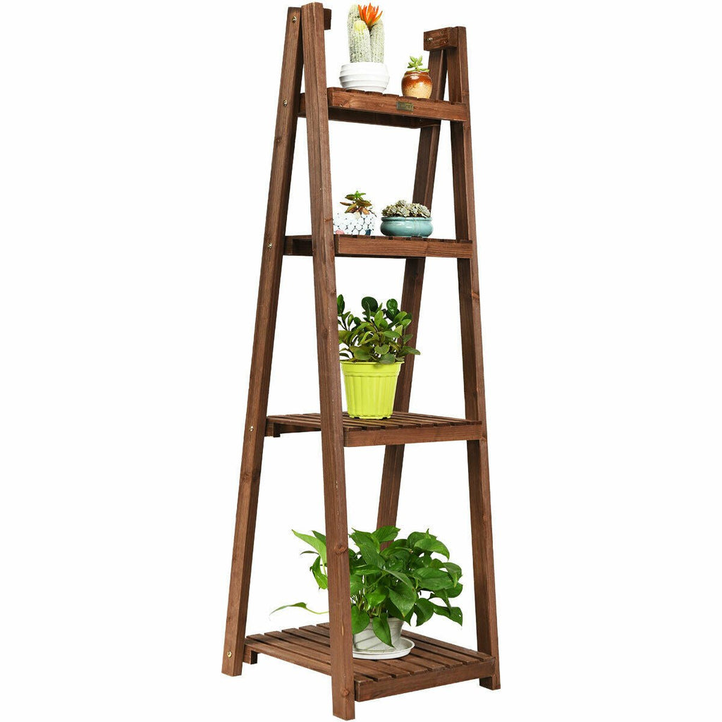 4-Tier Wooden Plant Stand – Foldable Ladder Shelf For Indoor & Outdoor Use, Holds 35kg