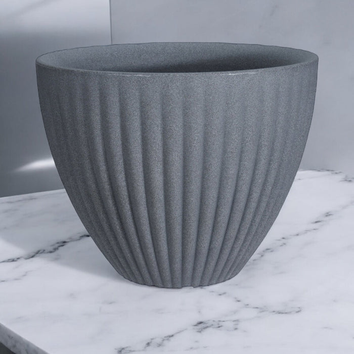 Large 39cm Rippled Flower Pot, Stone Grey 30cm Tall Plastic Pot Planter - Cherish Home