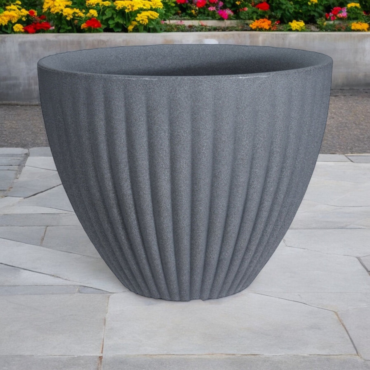 Large 39cm Rippled Flower Pot, Stone Grey 30cm Tall Plastic Pot Planter - Cherish Home