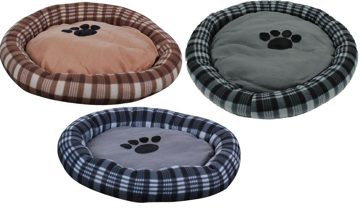 Large Round Plush Dog Bed 62cm In Tartan Design Blue Brown Black - Cherish Home