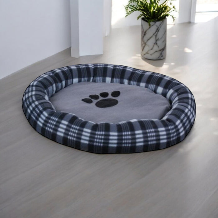 Large Round Plush Dog Bed 62cm In Tartan Design Blue Brown Black - Cherish Home