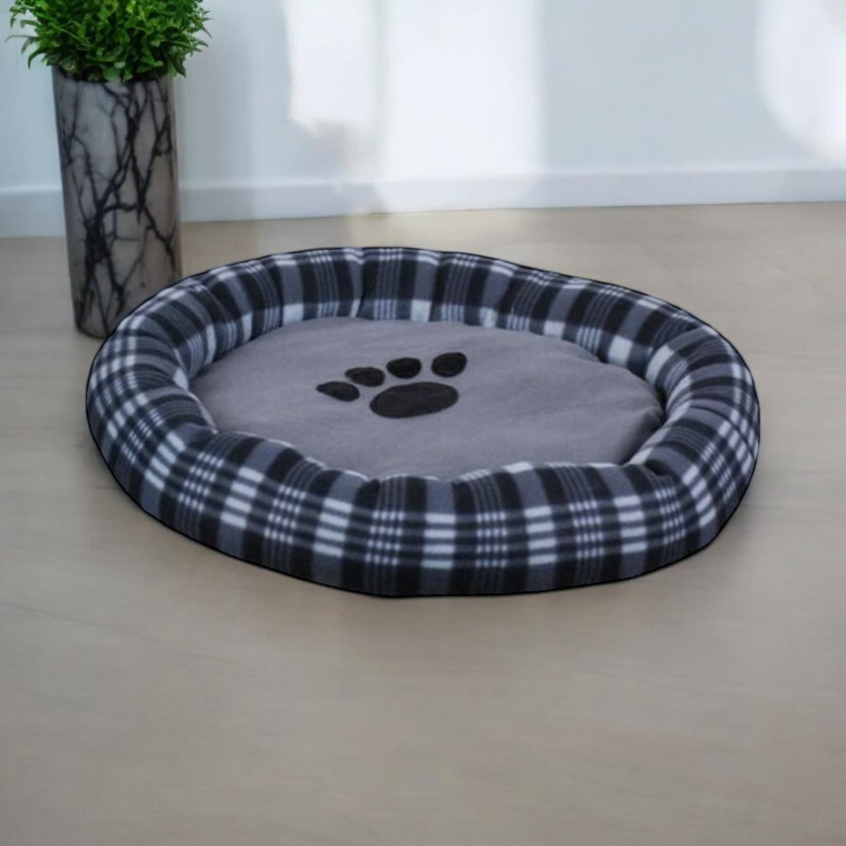 Large Round Plush Dog Bed 62cm In Tartan Design Blue Brown Black - Cherish Home