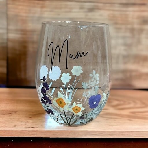 'Mum' Wildflower Stemless Glass Drinkware - Cherish Home