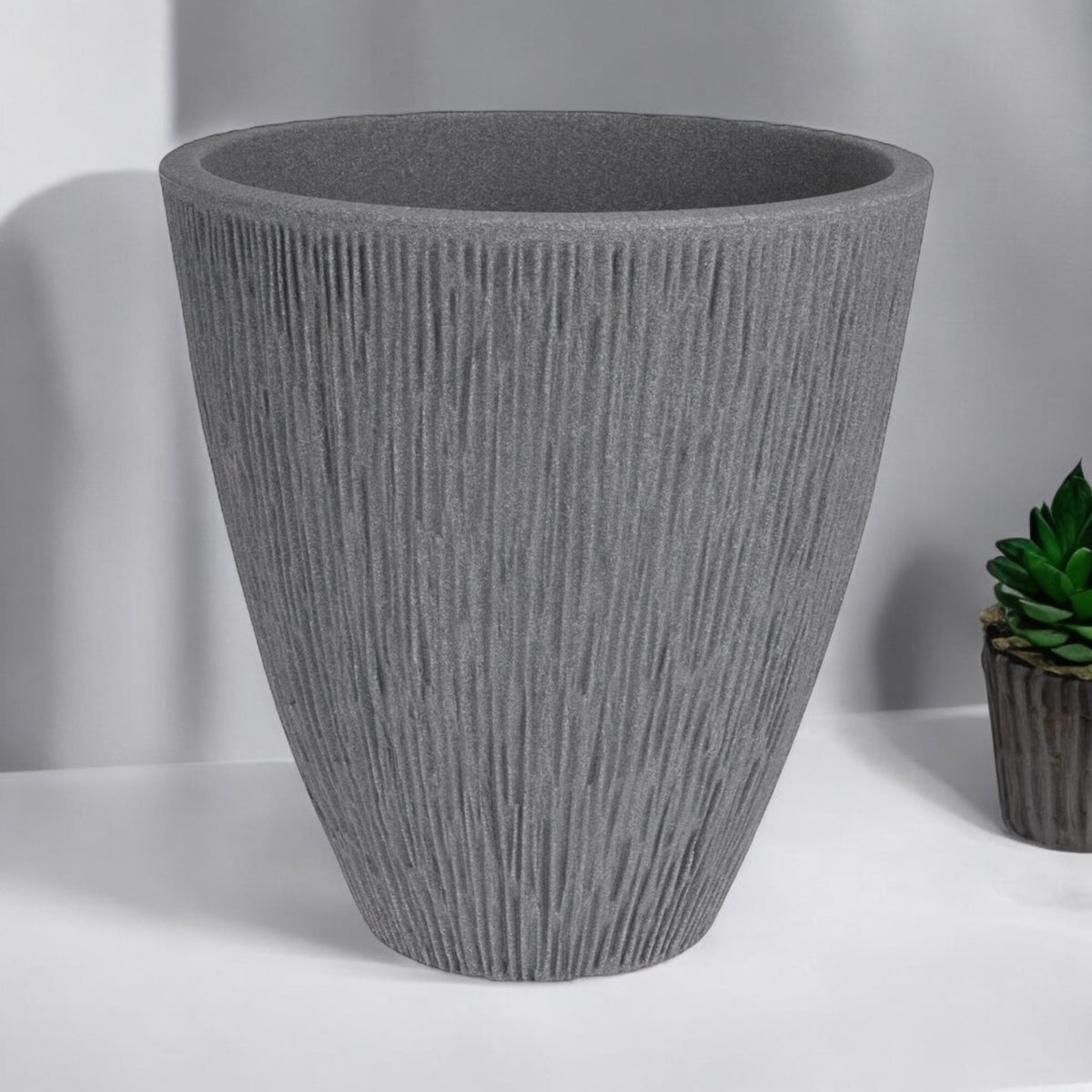 Rammento Grey Stone - Effect 42cm Tall Ribbed Plastic Planter - Home/Patio Use - Cherish Home
