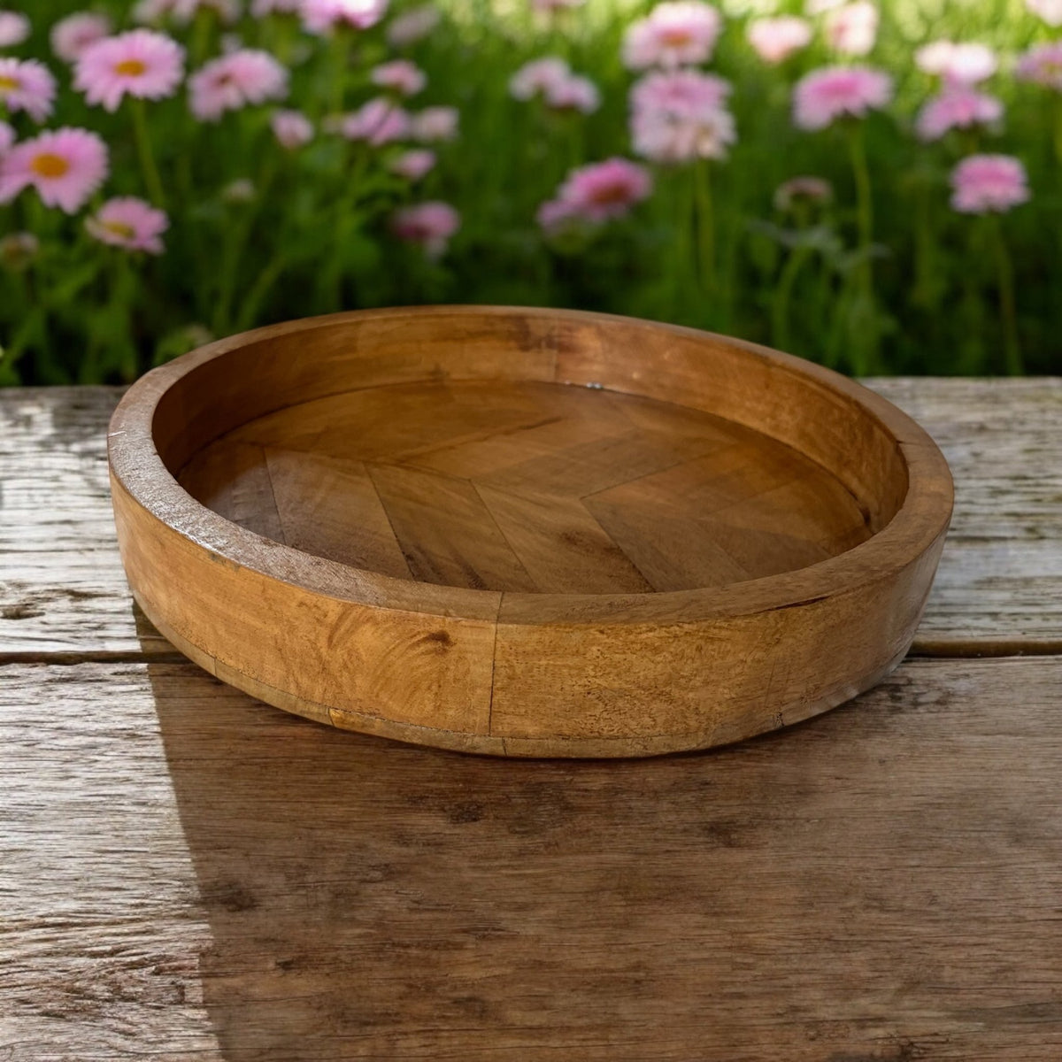 Round Herringbone Wooden Serving Trays - Mango Wood - Cherish Home
