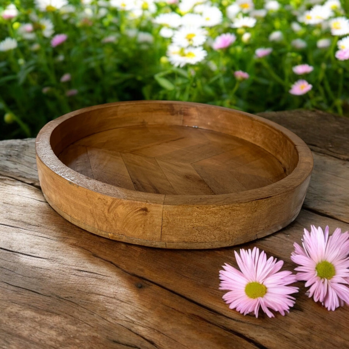 Round Herringbone Wooden Serving Trays - Mango Wood - Cherish Home