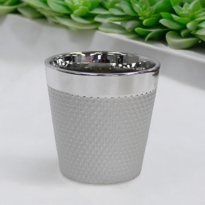 Round Shiny Silver Plant Pot Smart Ceramic Rippled Planter - Cherish Home