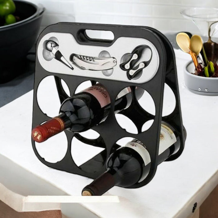 RTA 6 Bottle Countertop Wine Rack with Corkscrew Wine Stopper & Foil Cutter - Cherish Home