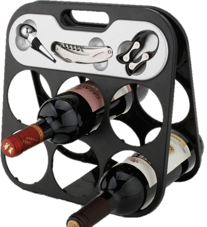 RTA 6 Bottle Countertop Wine Rack with Corkscrew Wine Stopper & Foil Cutter - Cherish Home