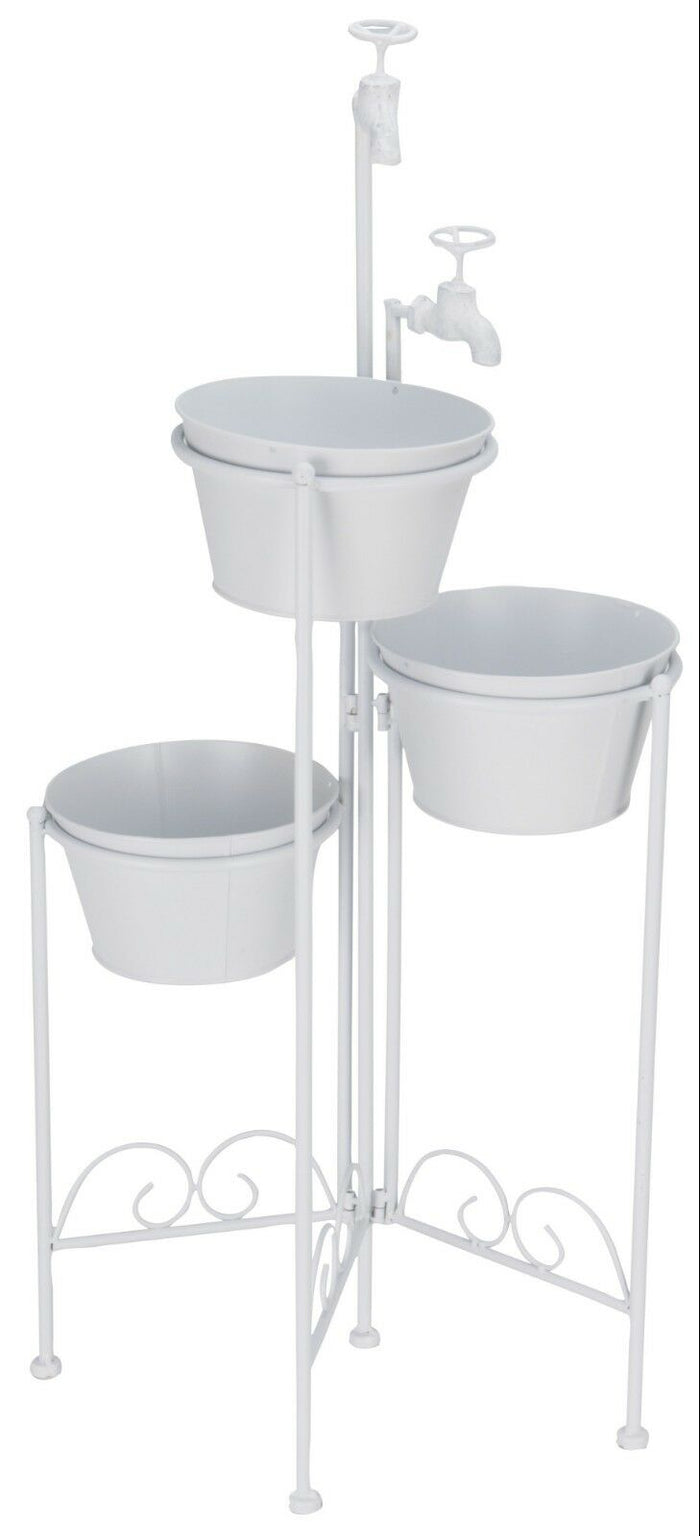 Set of 3 White Flower Pots On Stand With Rustic Taps Floor Standing Plant Pots - Cherish Home