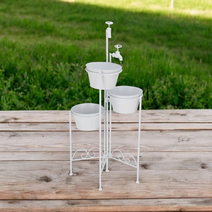 Set of 3 White Flower Pots On Stand With Rustic Taps Planter - Cherish Home