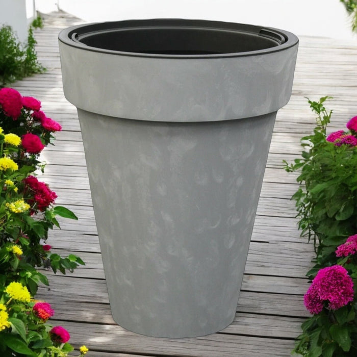 Tall Plastic Plant Pot with Insert, Grey Beton - Effect 18/25L Pot - Cherish Home