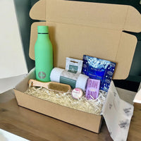 The Pamper & Hydrate Wellness Gift Set, self - care hamper for Her with Green Bottle, Hair Wrap & Lip Balm - Cherish Home