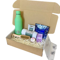 The Pamper & Hydrate Wellness Gift Set, self - care hamper for Her with Green Bottle, Hair Wrap & Lip Balm - Cherish Home