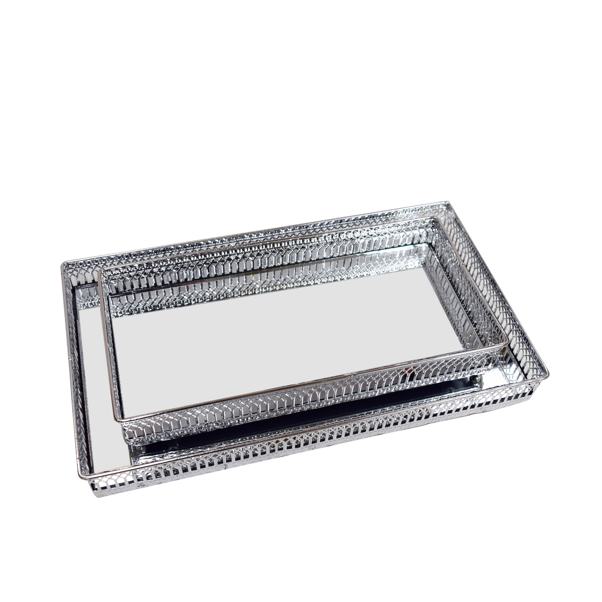 Decorative Nickel Trays - Mirror Effect Rectangular Silver Set of 2