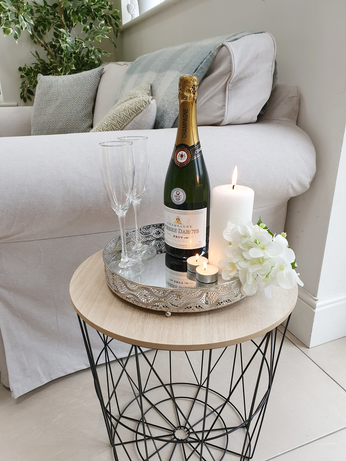 Decorative Silver Style Mirror Tray with champagne and candles