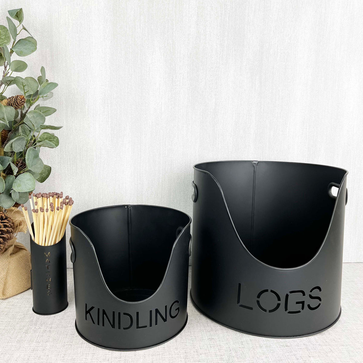 Fire Log & Kindling Buckets with Matchstick Holder Set