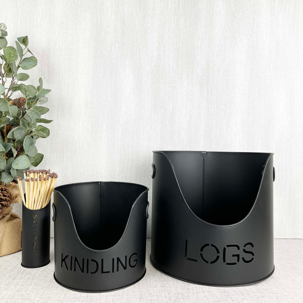 Fire Log & Kindling Buckets with Matchstick Holder Set