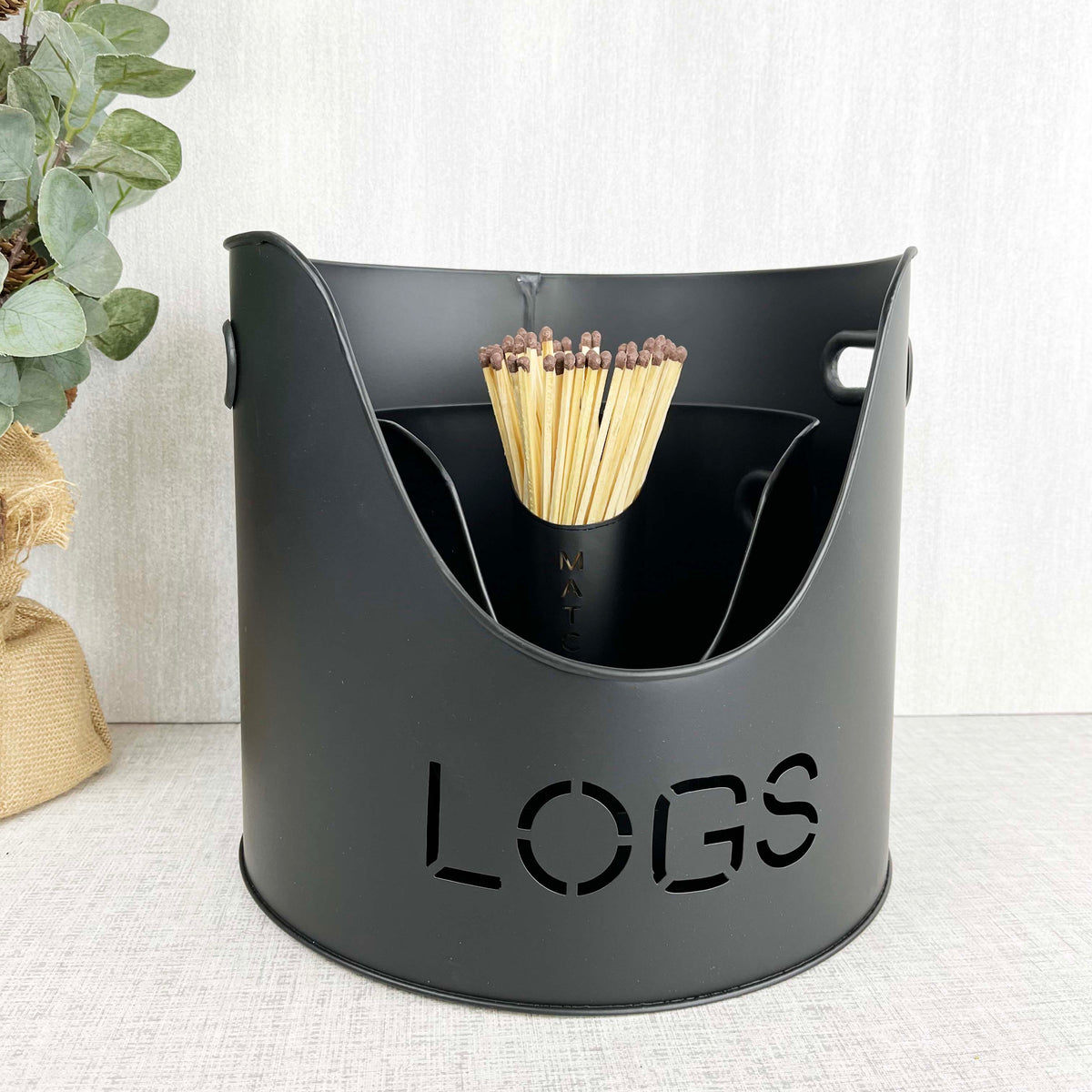 Fire Log & Kindling Buckets with Matchstick Holder Set