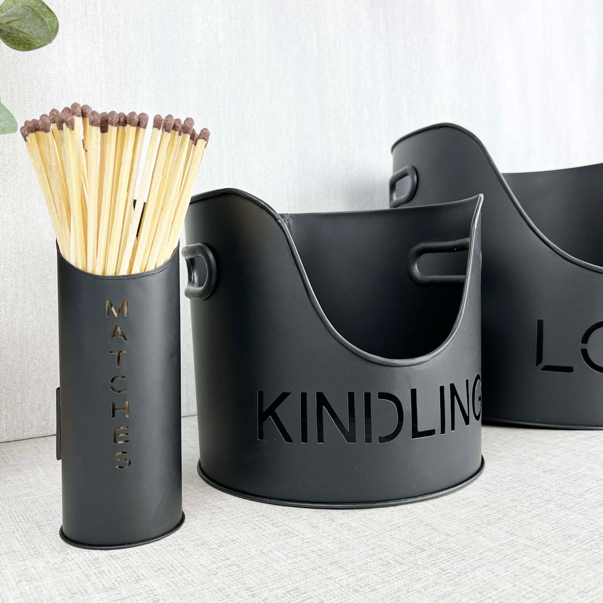 Fire Log & Kindling Buckets with Matchstick Holder Set