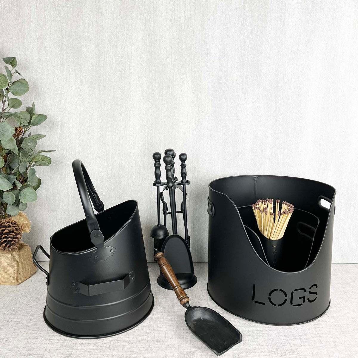 Fire Log & Kindling Buckets with Matchstick Holder Set