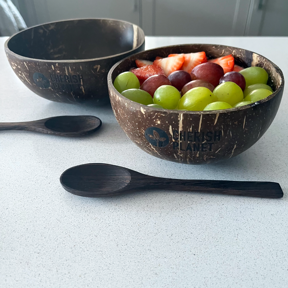 Real Coconut Shell Brown Bowls with Wooden Spoons Set