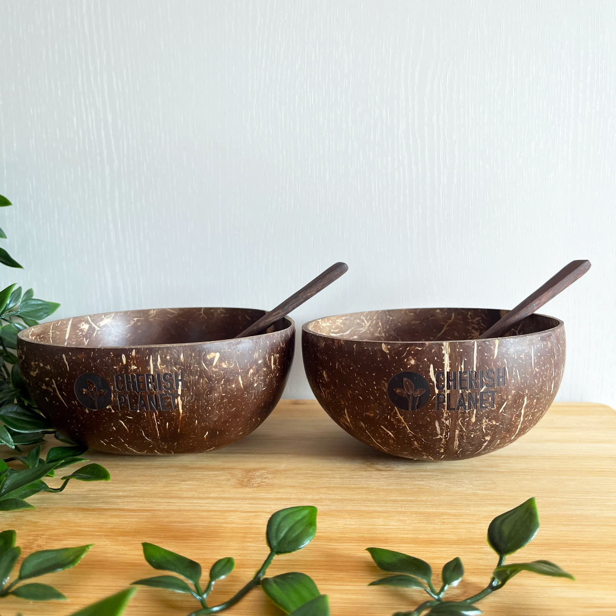 Real Coconut Shell Brown Bowls with Wooden Spoons Set