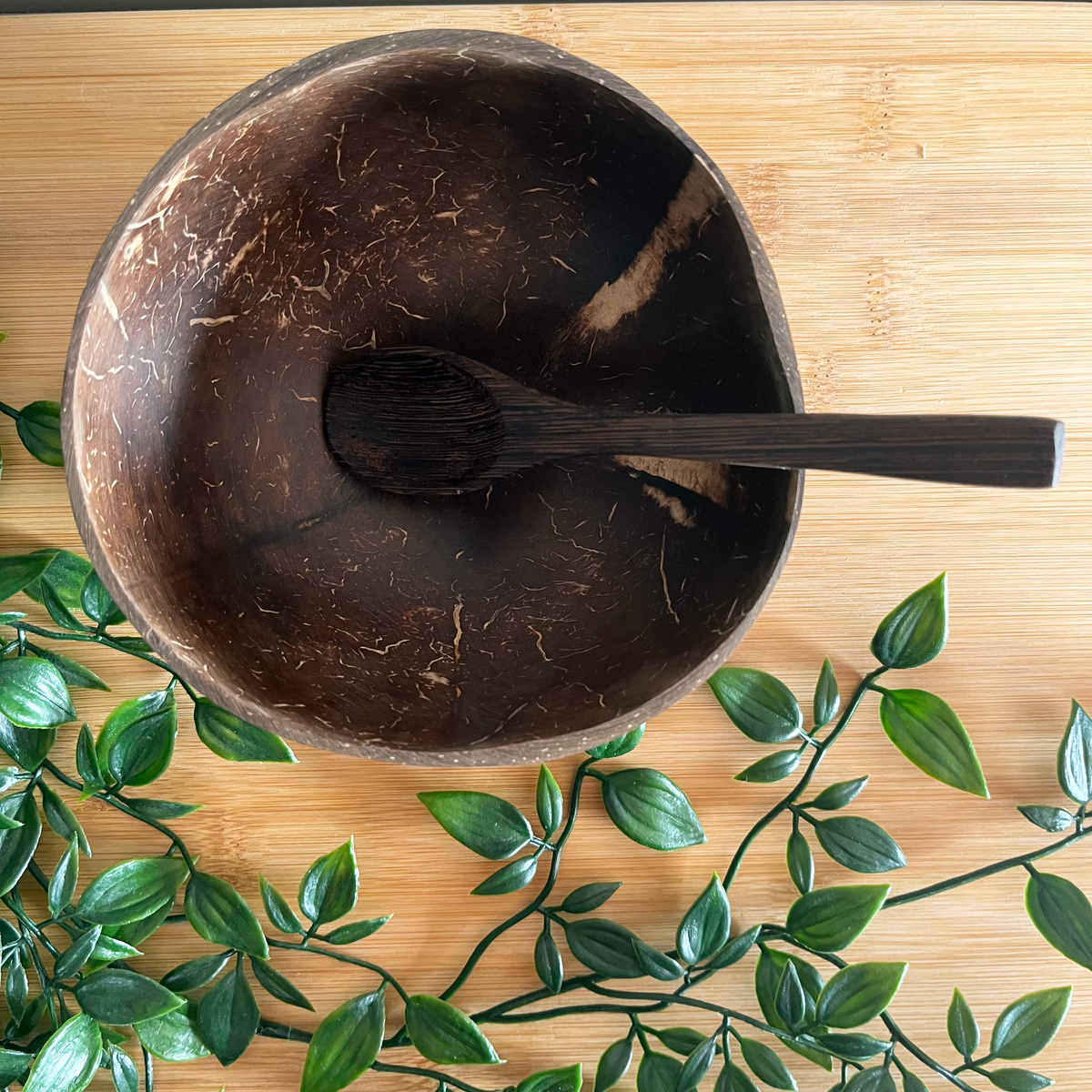 Real Coconut Shell Brown Bowls with Wooden Spoons Set