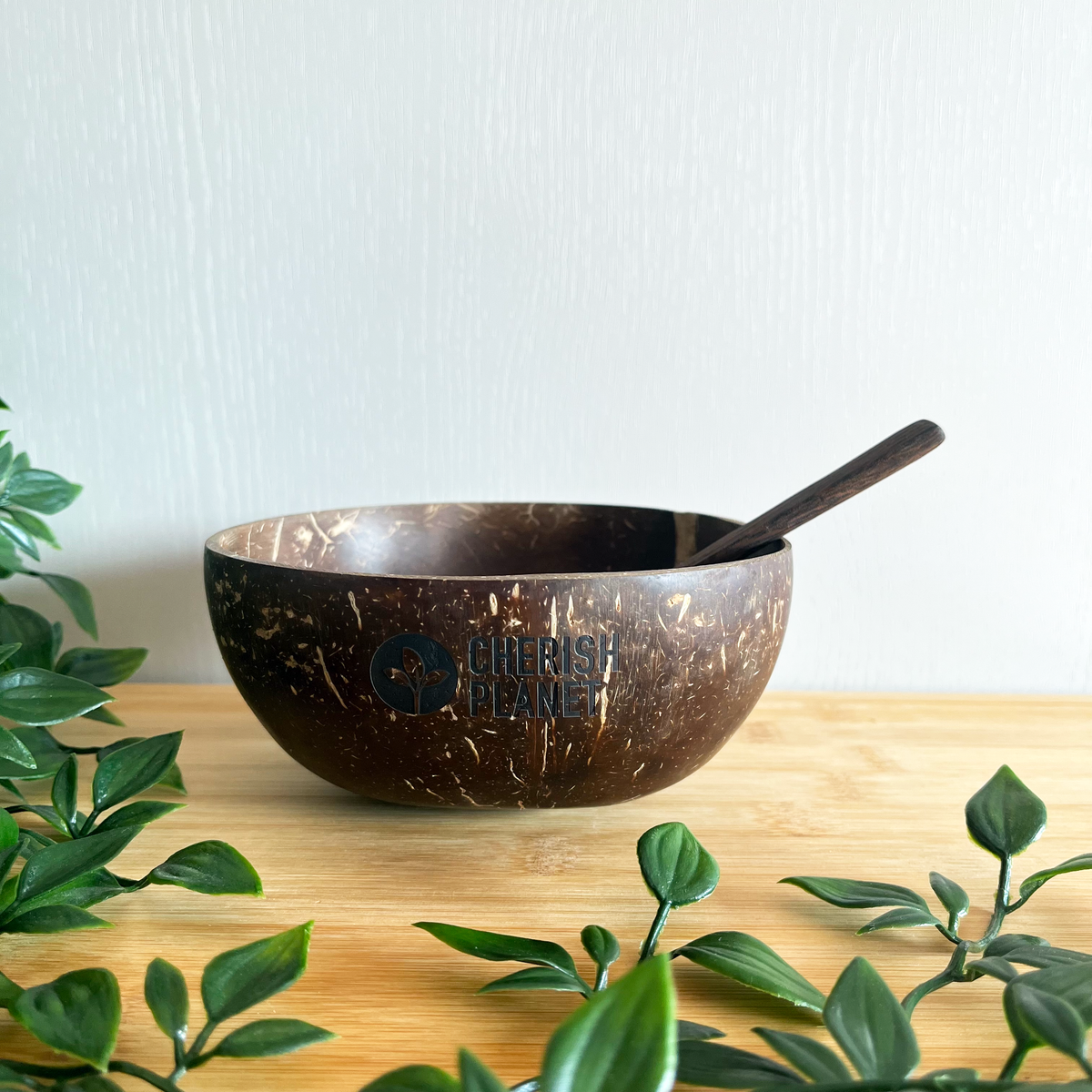 Real Coconut Shell Brown Bowls with Wooden Spoons Set