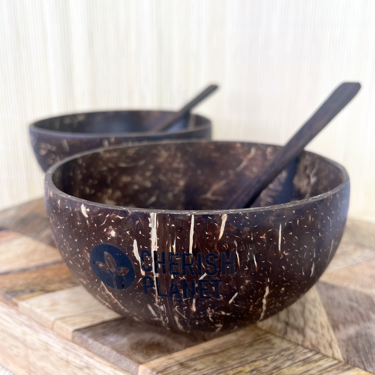 Real Coconut Shell Brown Bowls with Wooden Spoons Set
