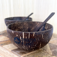 Real Coconut Shell Brown Bowls with Wooden Spoons Set