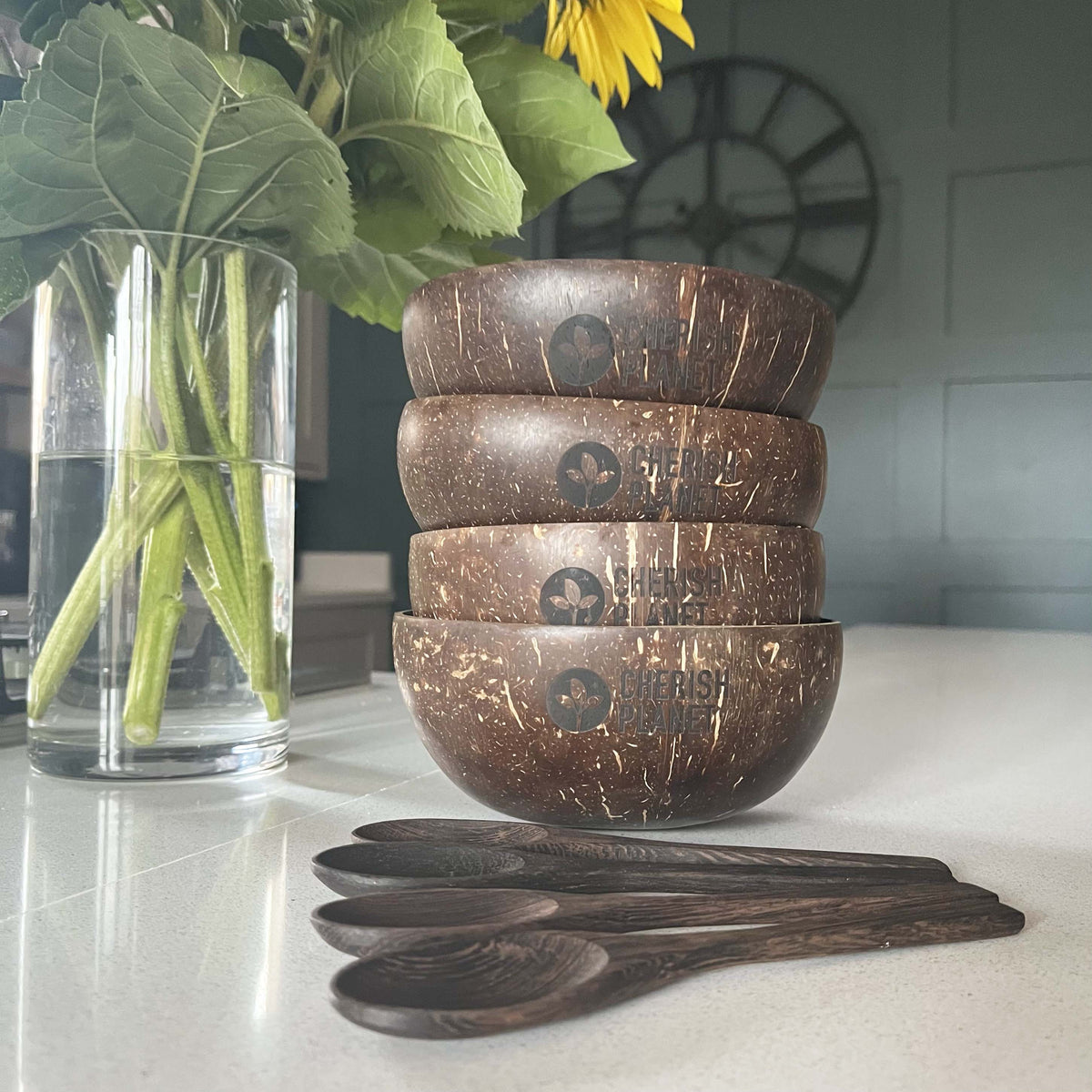 Real Coconut Shell Brown Bowls with Wooden Spoons Set