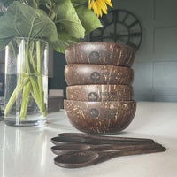 Real Coconut Shell Brown Bowls with Wooden Spoons Set