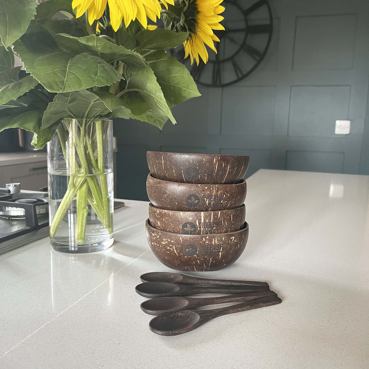 Real Coconut Shell Brown Bowls with Wooden Spoons Set