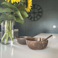 Real Coconut Shell Brown Bowls with Wooden Spoons Set