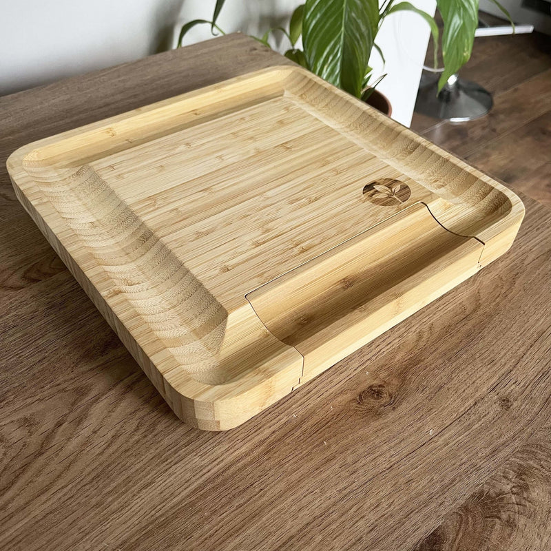 Bamboo Cheese Board & Cheese Knife Set on wooden table